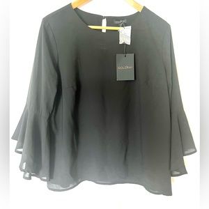 NWT black blouse with chiffon overlay. Bell sleeves. Sz PL